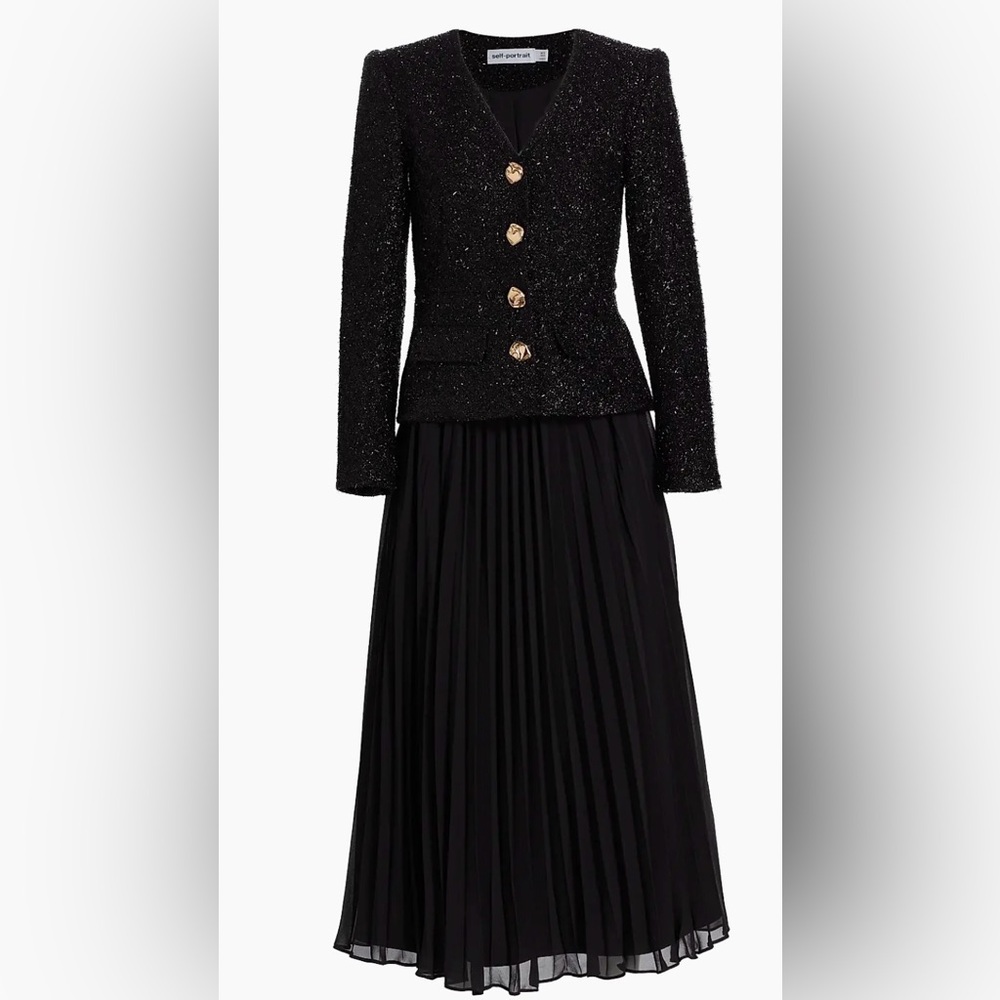 Self-Portrait Black Tinsel Bouclé Chiffon Pleated Midi Dress US 4 NWT Sold Out